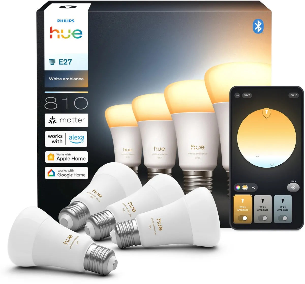 Philips Hue Slimme LED A60 E27 4000K - 4 Stuks - Mat