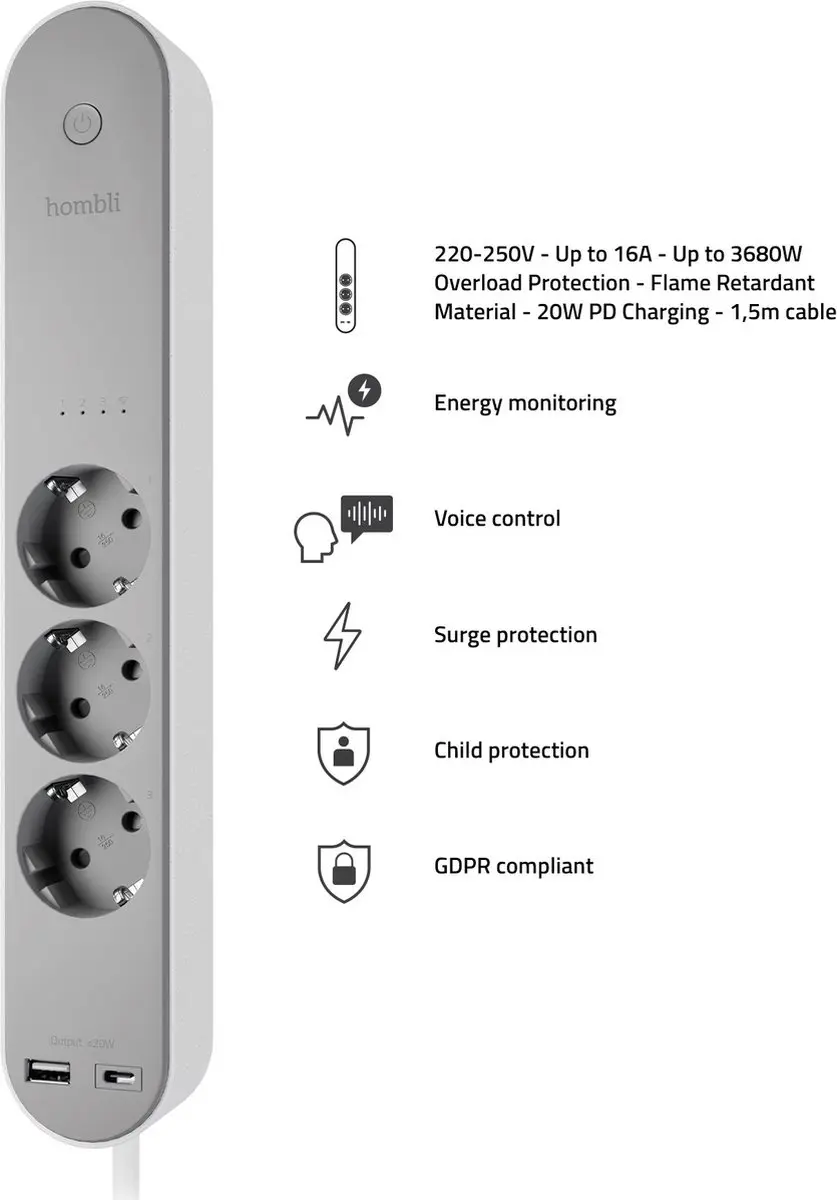 Hombli Slimme Stekkerdoos 3-Voudig - USB & USB-C - Energiemonitor - Wit/Grijs