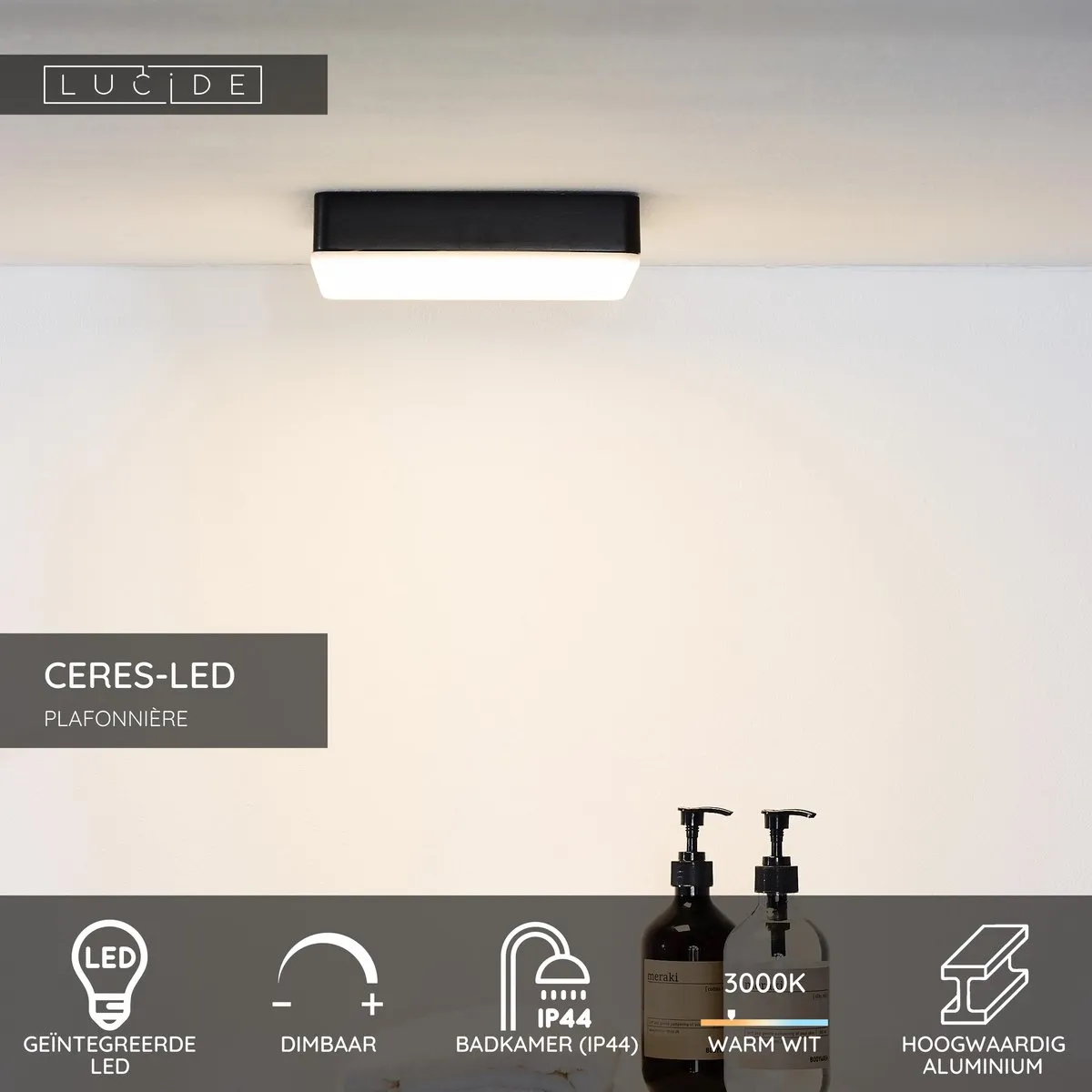 Lucide CERES-LED Plafondlamp Badkamer - 30W 3000K IP44 - Zwart