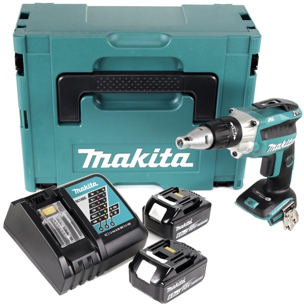 Makita DFS 250 RGJ Accu-Droogbouwschroevendraaier 18V - 2x 6.0Ah + Lader + Makpac