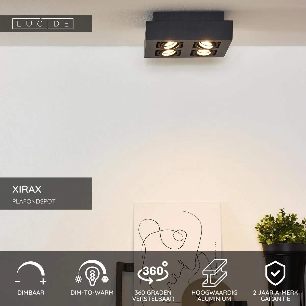 Lucide XIRAX Plafondspot LED Dim-to-Warm GU10 4x5W - Zwart