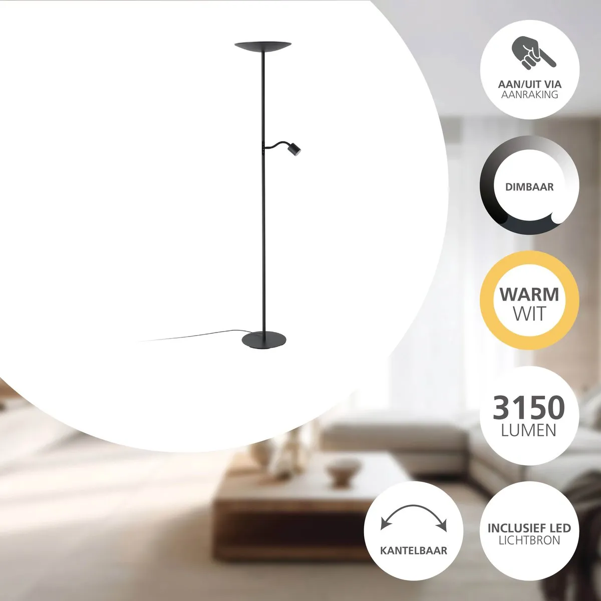 Eglo Conivarino Vloerlamp LED 170cm - Zwart - Dimbaar - afbeelding 6 van 6