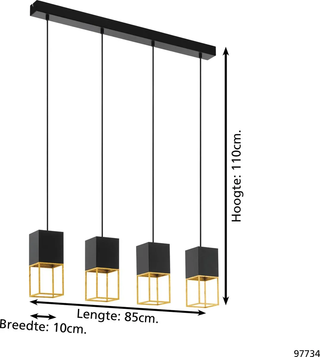 Eglo Montebaldo Hanglamp GU10 - 4 Lichtpunten - 85cm - Zwart/Goud - afbeelding 6 van 6