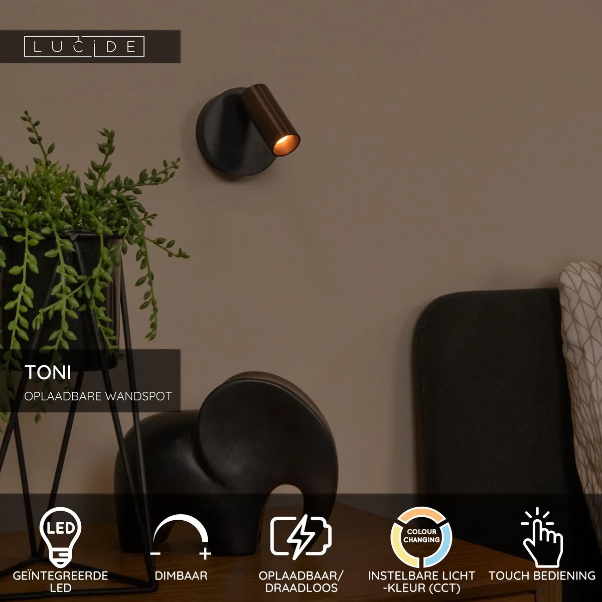 Lucide TONI Oplaadbare Wandspot - LED 2700K/4000K - Ø8,1cm - Koffie