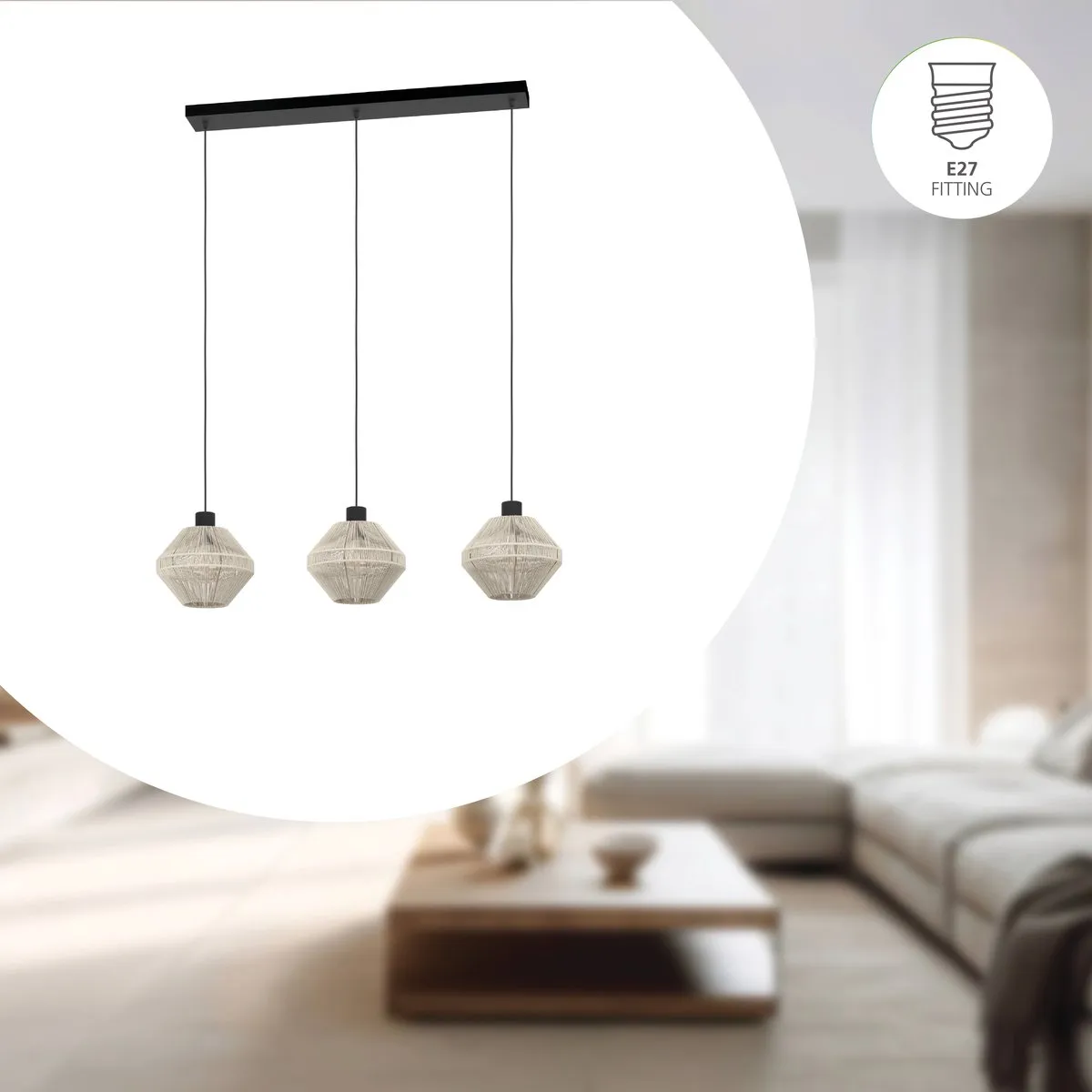 Eglo Midsumer Hanglamp 3xE27 92cm - Zwart/Crème - afbeelding 6 van 6
