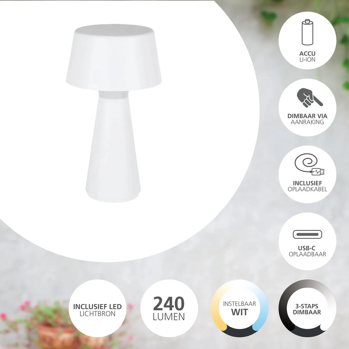 Eglo Scorrano Tafellamp - Wit - 29 cm - Oplaadbaar