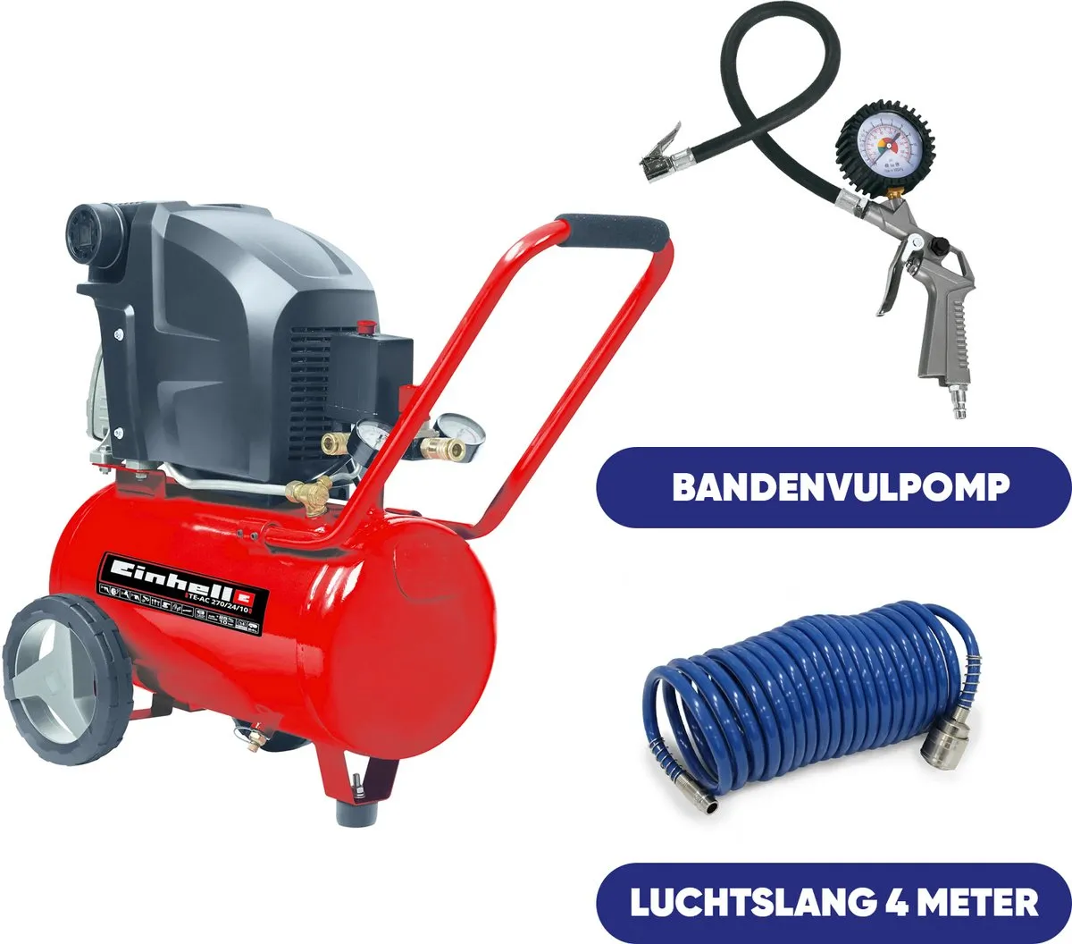Einhell TE-AC 270/24/10 Compressor 1800W - 10 bar - 24L - Rood