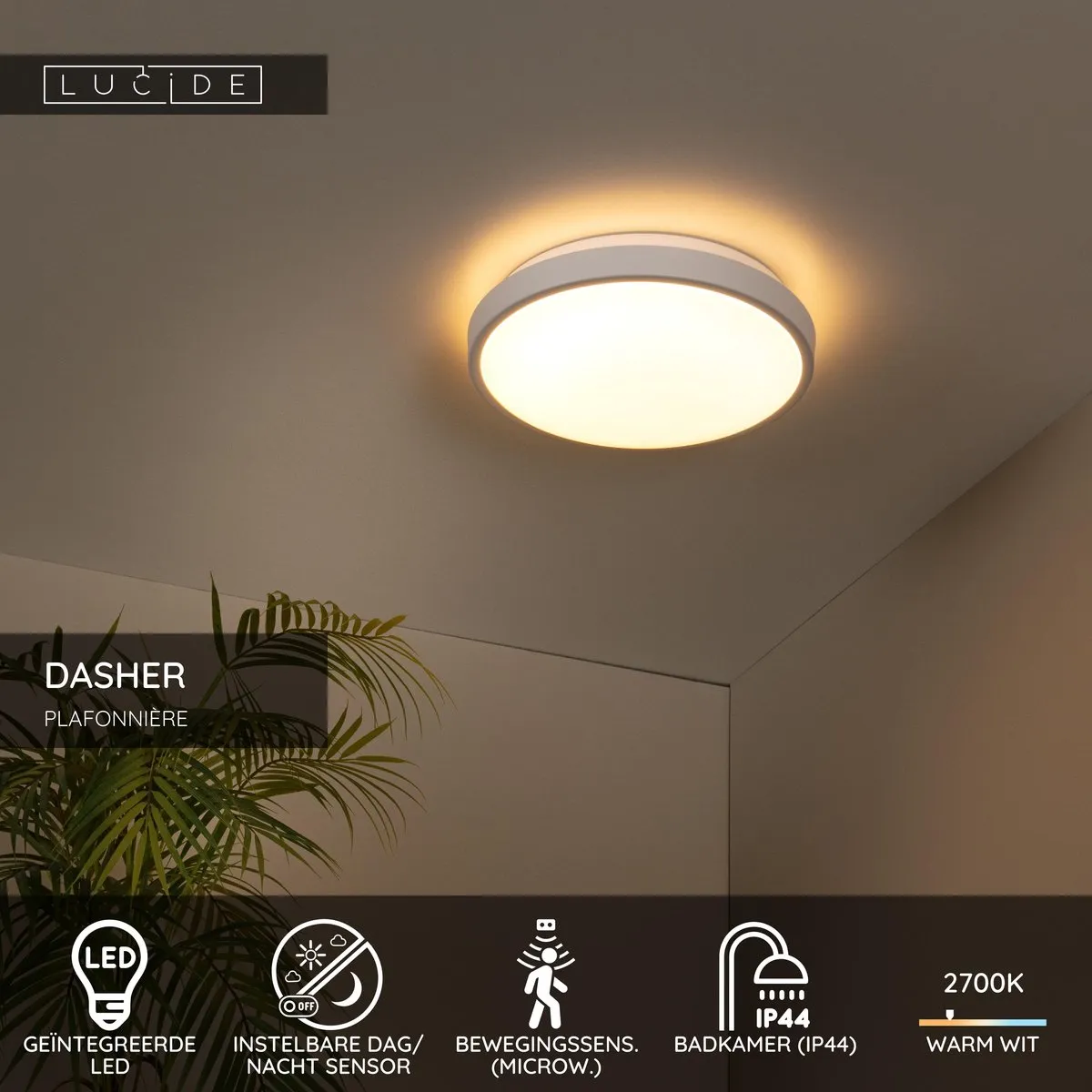 Lucide Dasher Plafondlamp Badkamer - Ø29cm LED 12W 2700K IP44 Sensor Wit