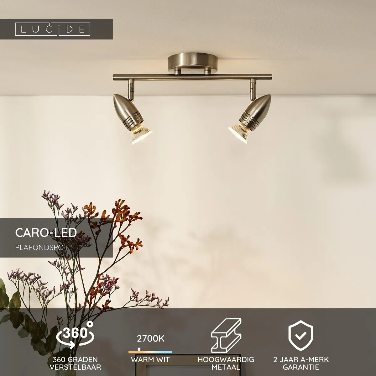Lucide CARO-LED Plafondspot LED GU10 2x5W 2700K - Mat chroom