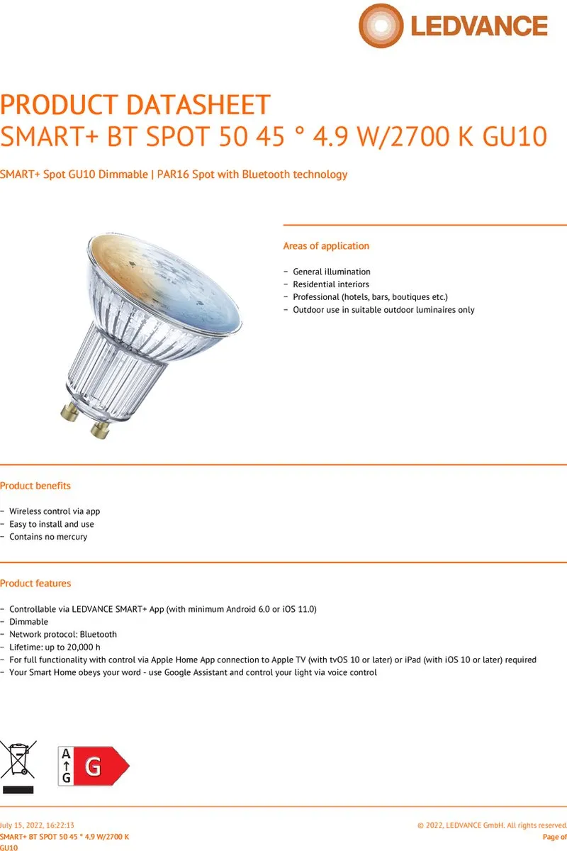 LEDVANCE SMART+ Spot GU10 Warm Wit 5W - Helder Glas