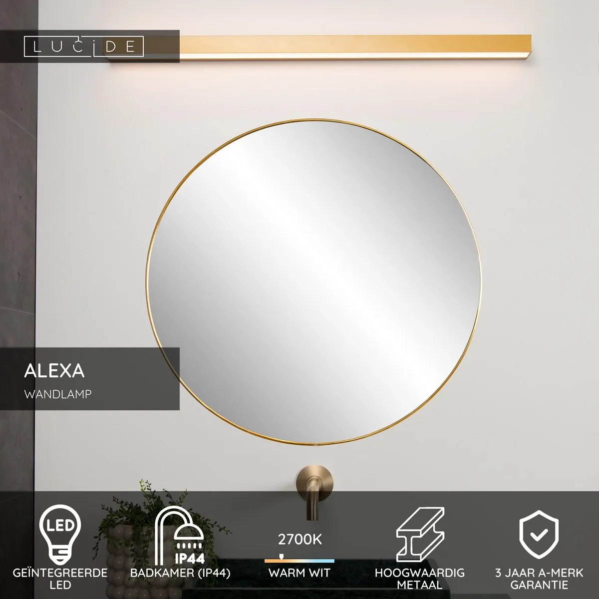 Lucide ALEXA Wandlamp Badkamer LED 13W IP44 Mat Goud/Messing