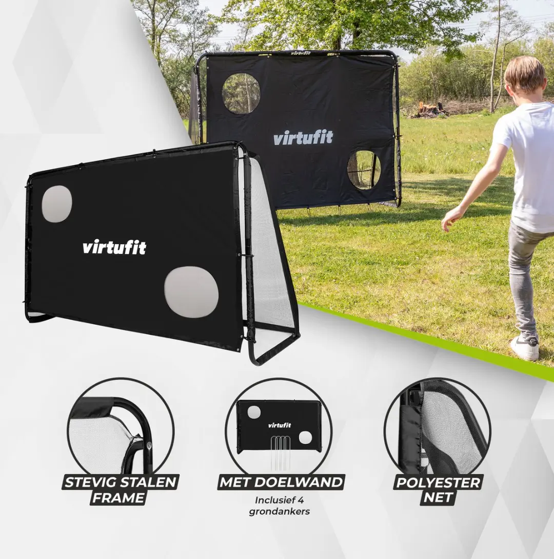 Virtufit Voetbaldoel Pro 220x170cm - Doelwand met 2 open zones - Zwart