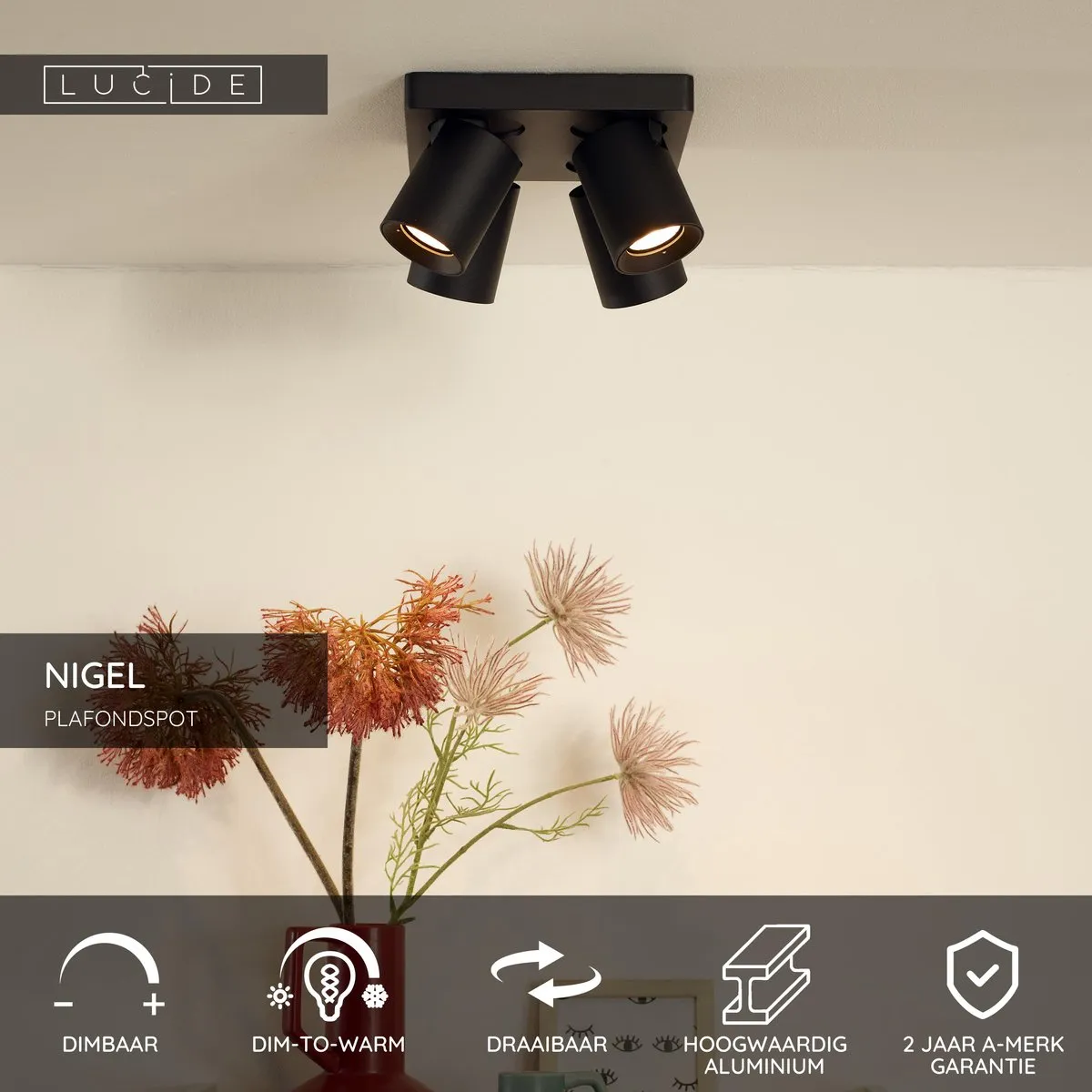 Lucide Nigel Plafondspot LED Dim-to-Warm GU10 4x5W - Zwart