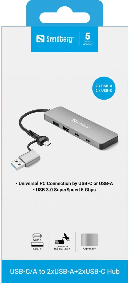 Sandberg 136-64 USB Hub - 2x USB-A + 2x USB-C 5Gbps Aluminium