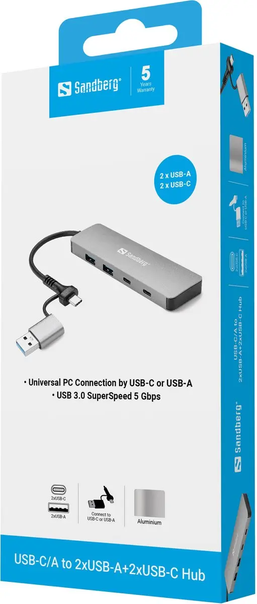 Sandberg 136-64 USB Hub - 2x USB-A + 2x USB-C 5Gbps Aluminium