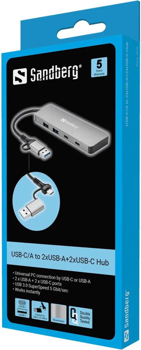Sandberg 136-64 USB Hub - 2x USB-A + 2x USB-C 5Gbps Aluminium