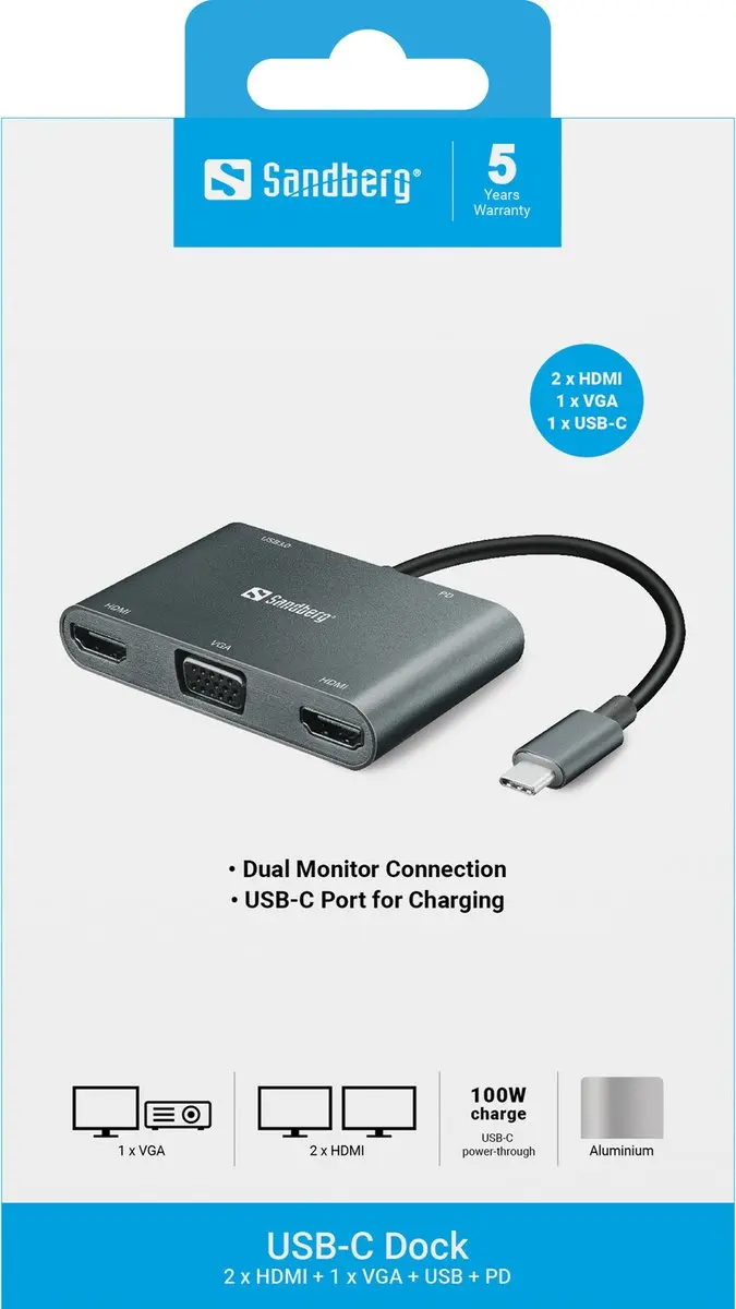 Sandberg USB-C Dock 136-35 - 2xHDMI 1xVGA USB PD - Grijs