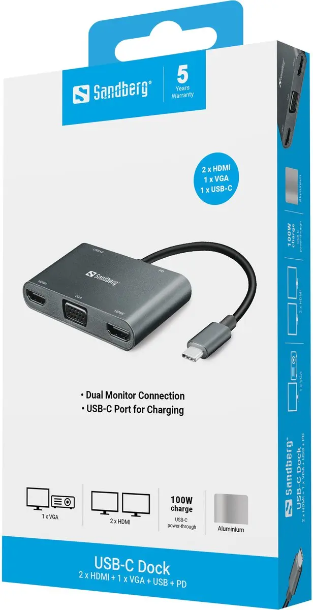 Sandberg USB-C Dock 136-35 - 2xHDMI 1xVGA USB PD - Grijs