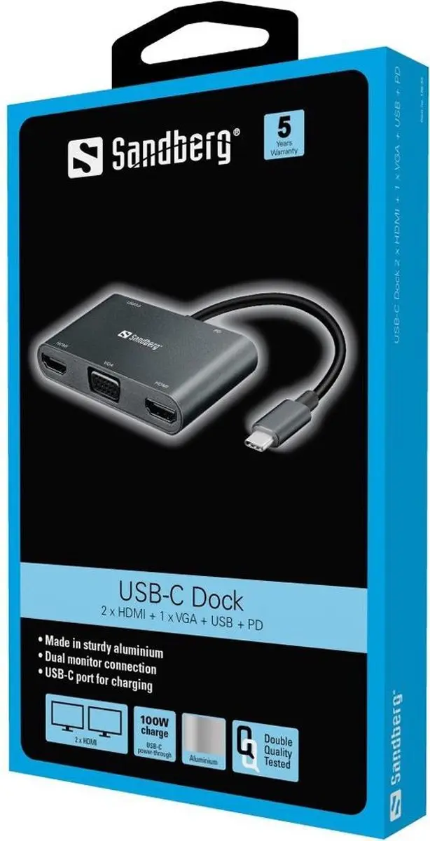 Sandberg USB-C Dock 136-35 - 2xHDMI 1xVGA USB PD - Grijs