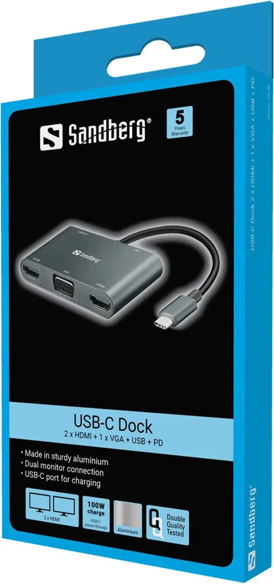 Sandberg USB-C Dock 136-35 - 2xHDMI 1xVGA USB PD - Grijs