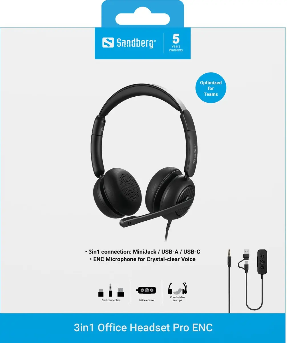 Sandberg 126-54 Hoofdtelefoon Bedraad - USB Type-C/A - Zwart