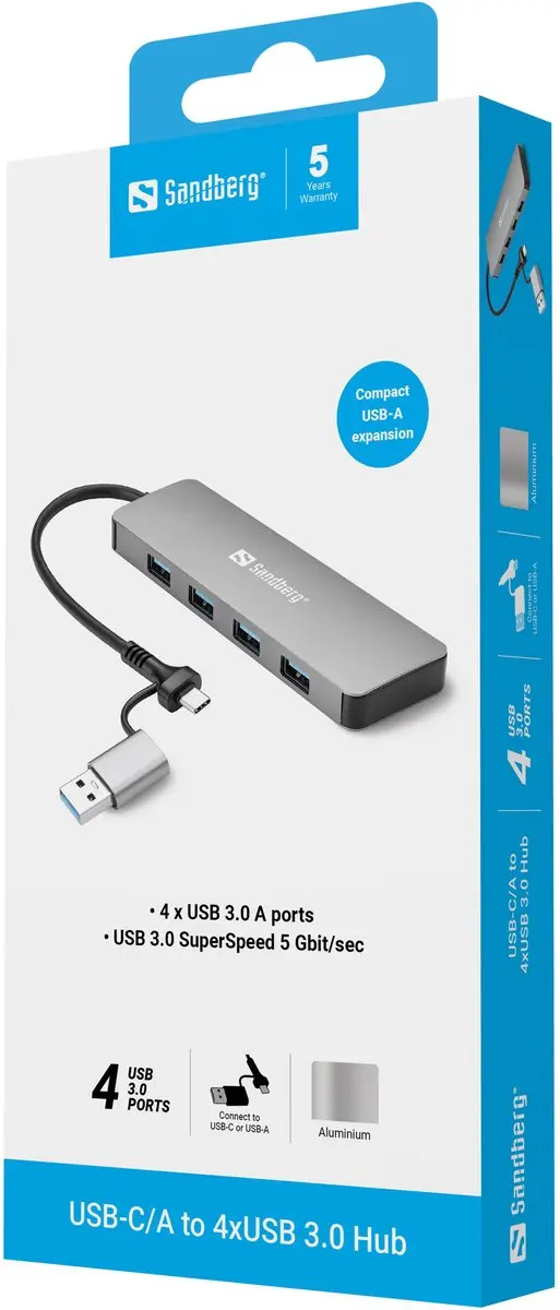 Sandberg 136-63 USB 3.0 Hub - 4 Poorten - Aluminium