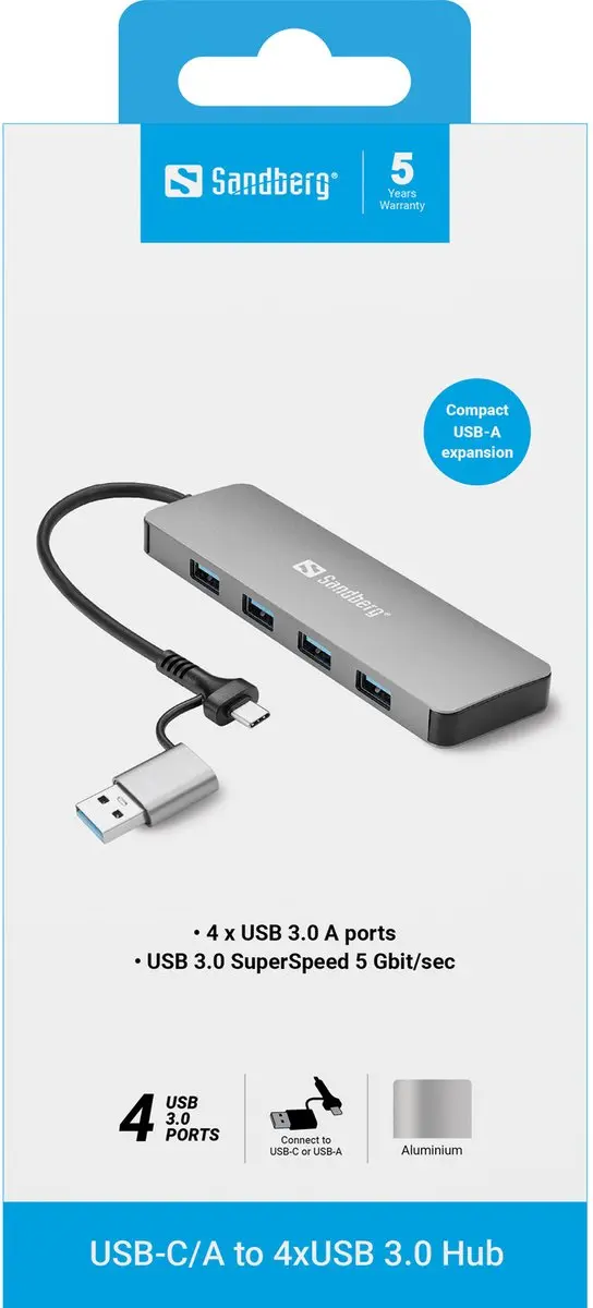 Sandberg 136-63 USB 3.0 Hub - 4 Poorten - Aluminium