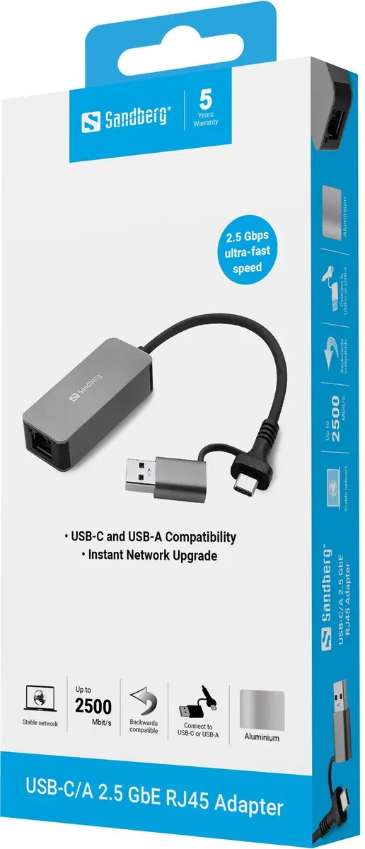 Sandberg 136-68 Ethernet Netwerkkaart 2500 Mbit/s - Grijs
