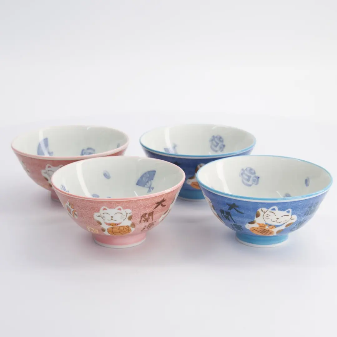 Tokyo Design Studio Kawaii Rijstkommen Set Gelukskat 4 Stuks - MU-8007/B - Blauw/Roze