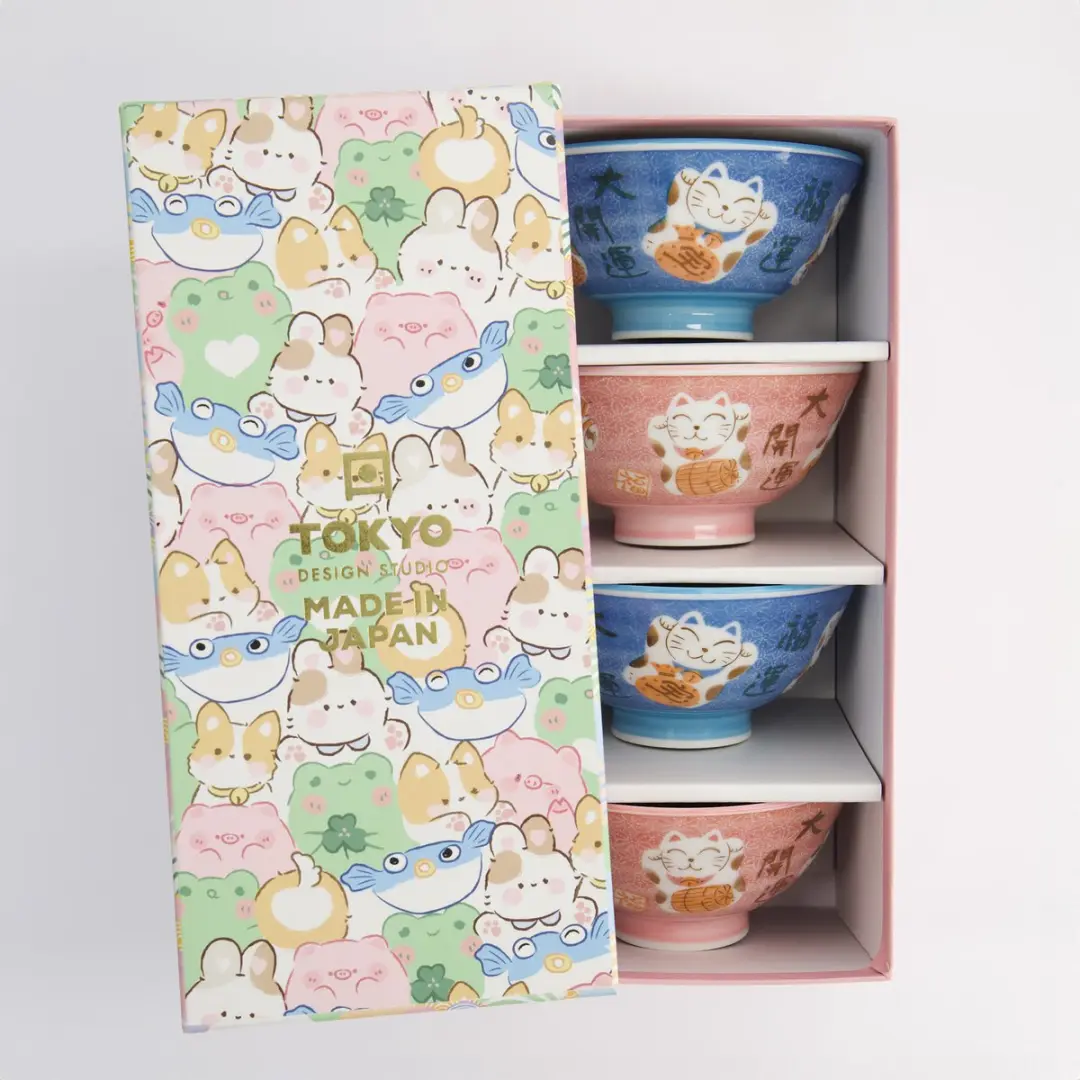Tokyo Design Studio Kawaii Rijstkommen Set Gelukskat 4 Stuks