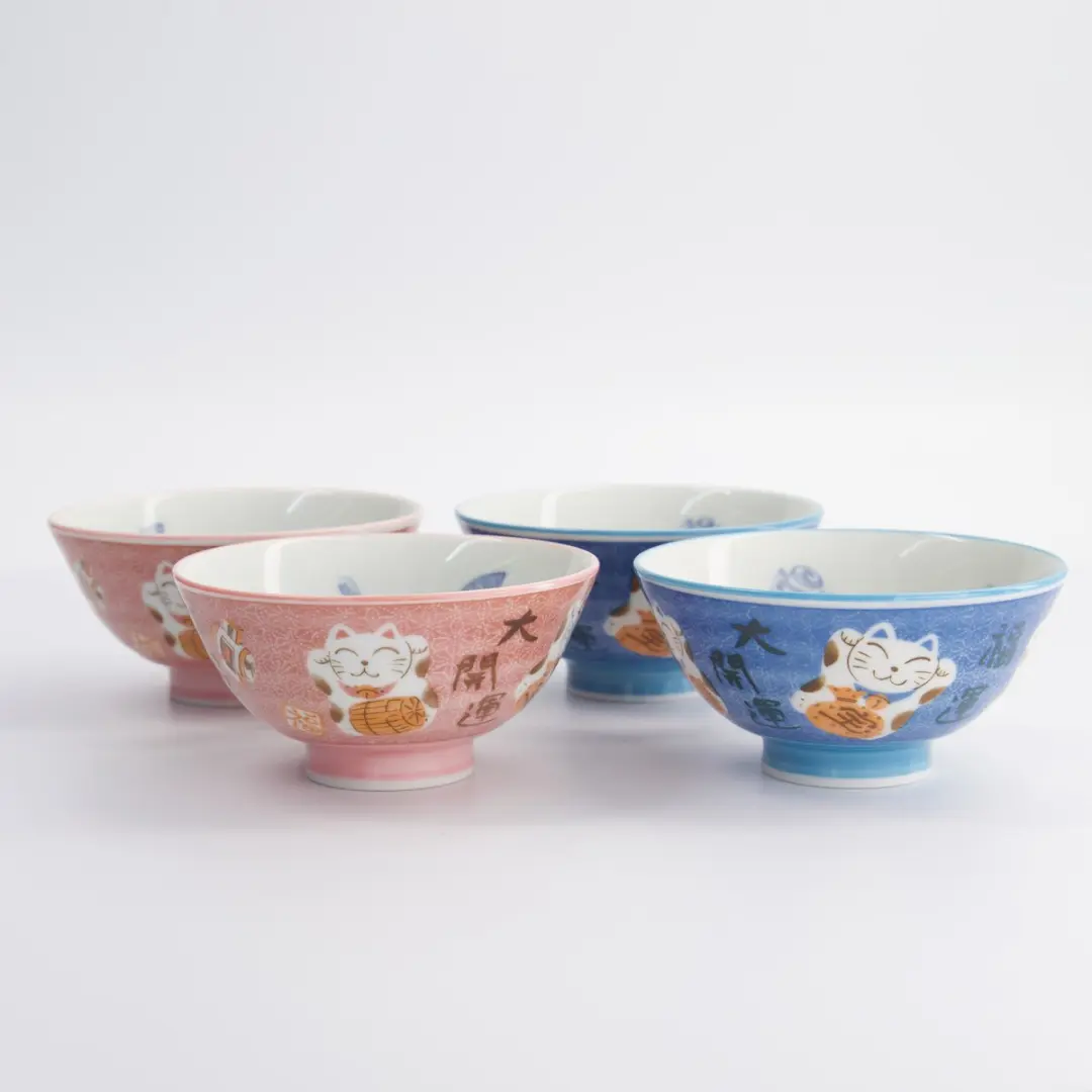 Tokyo Design Studio Kawaii Rijstkommen Set Gelukskat 4 Stuks - MU-8007/B - Blauw/Roze