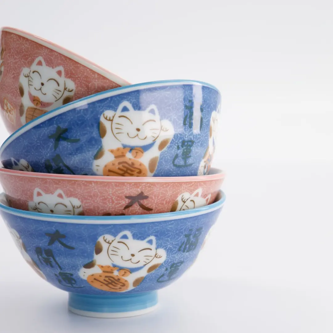 Tokyo Design Studio Kawaii Rijstkommen Set Gelukskat 4 Stuks - MU-8007/B - Blauw/Roze