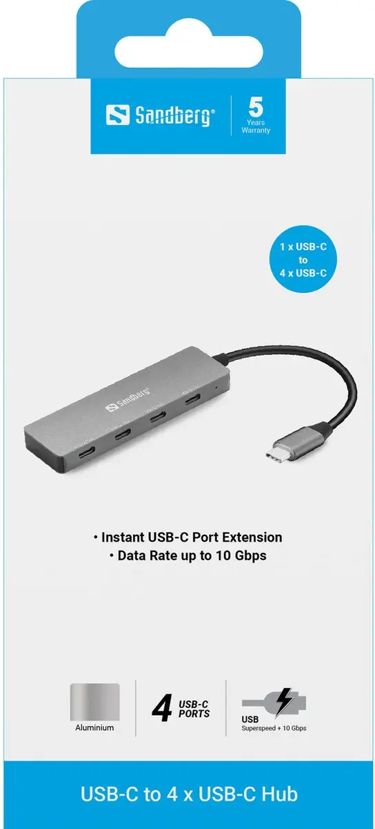 Sandberg 136-41 USB-C Hub - 4x USB-C 10Gbit/s - Grijs