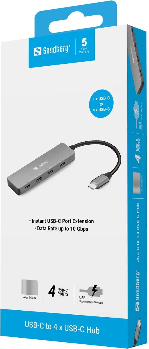 Sandberg 136-41 USB-C Hub - 4x USB-C 10Gbit/s - Grijs