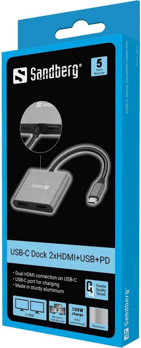 Sandberg 136-44 USB-C naar 2x HDMI Adapter - Grijs