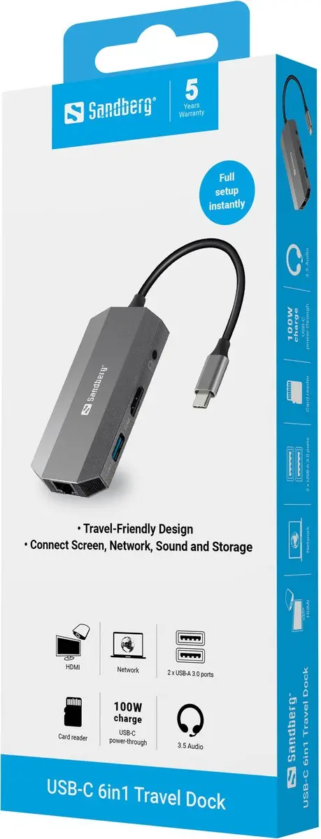 Sandberg 136-33 USB-C 6-in-1 Travel Dock - Grijs
