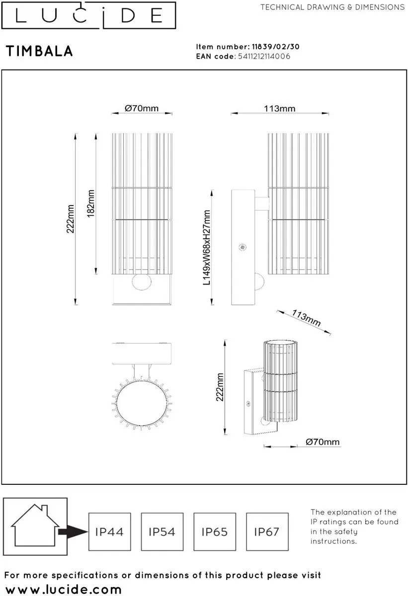 Lucide Timbala Wandspot 2xGU10 - IP44 - Beweging & Dag/Nacht Sensor - Zwart