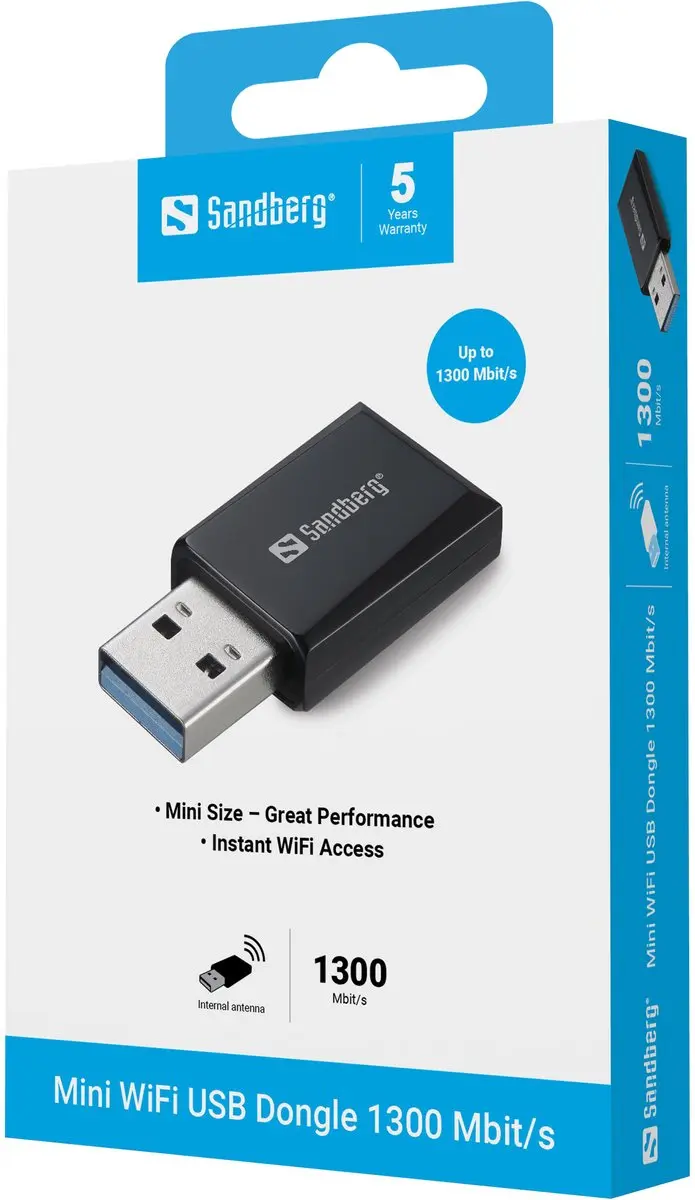 Sandberg Mini WiFi Dongle 1300 Mbit/s - Zwart