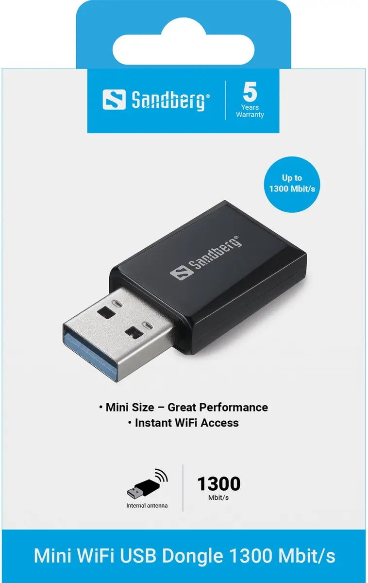 Sandberg Mini WiFi Dongle 1300 Mbit/s - Zwart
