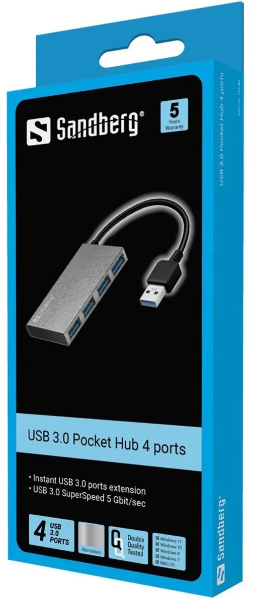 Sandberg USB 3.0 Pocket Hub 4 Poorten - Wit
