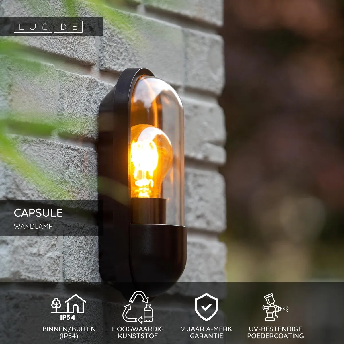 Lucide Capsule Wandlamp E27 IP54 - Zwart
