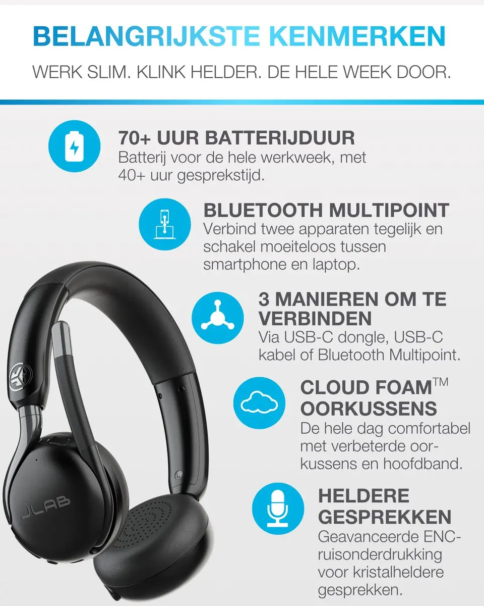 JLab Go Work 3 Headset - Noise Cancelling - 70u - Zwart