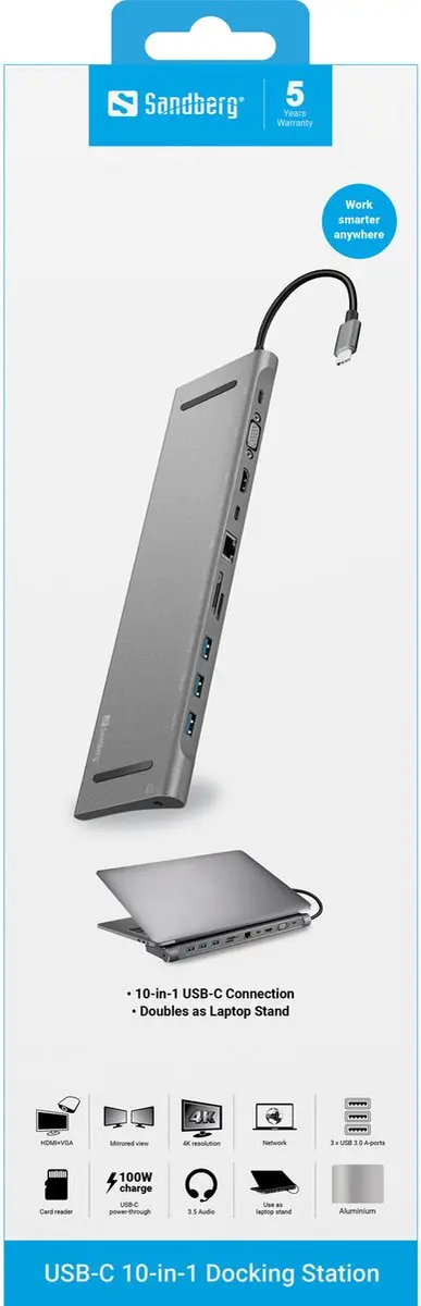 Sandberg 136-31 USB-C 10-in-1 Docking Station - Grijs