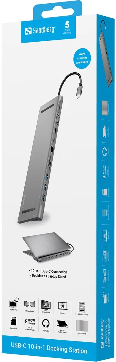 Sandberg 136-31 USB-C 10-in-1 Docking Station - Grijs