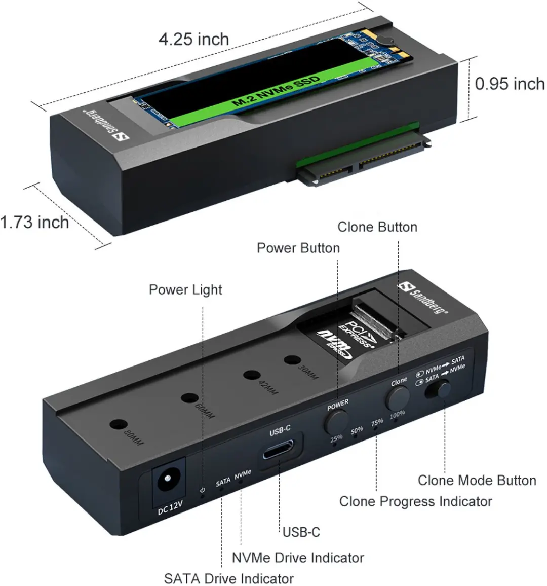 Sandberg USB 3.2 Cloner Dock M.2 NVMe/SATA 136-49 - Zwart