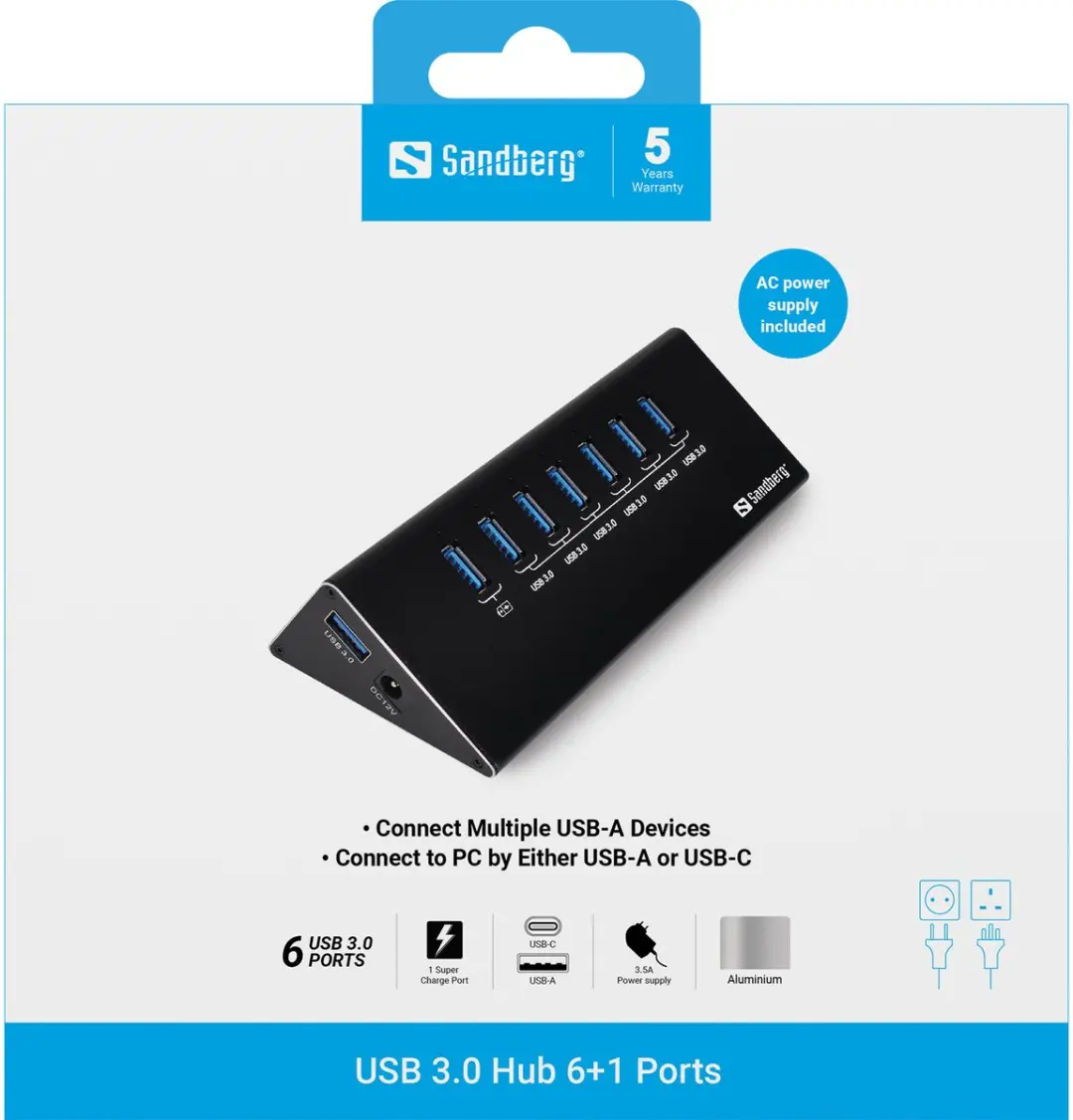 Sandberg 133-82 USB 3.0 Hub 7 Poorten - Zwart