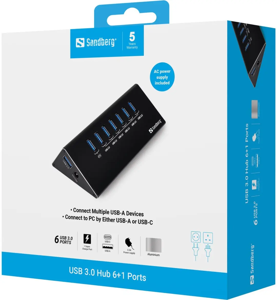 Sandberg 133-82 USB 3.0 Hub 7 Poorten - Zwart