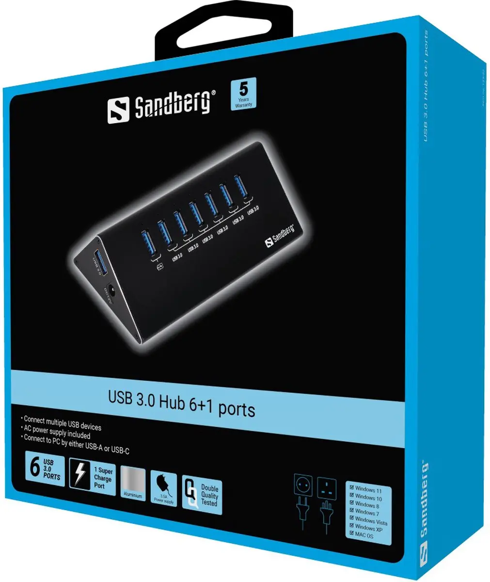 Sandberg 133-82 USB 3.0 Hub 7 Poorten - Zwart