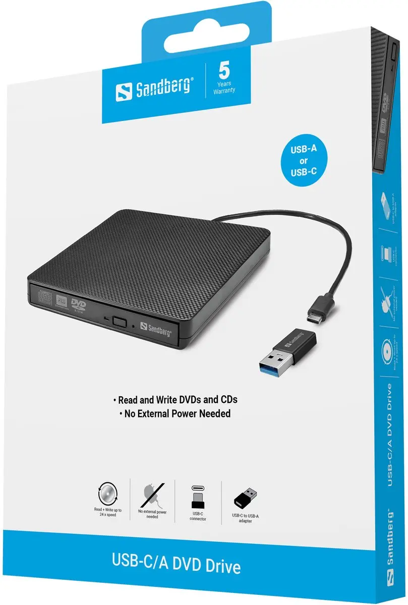 Sandberg 136-62 USB-C/A DVD Drive - Zwart