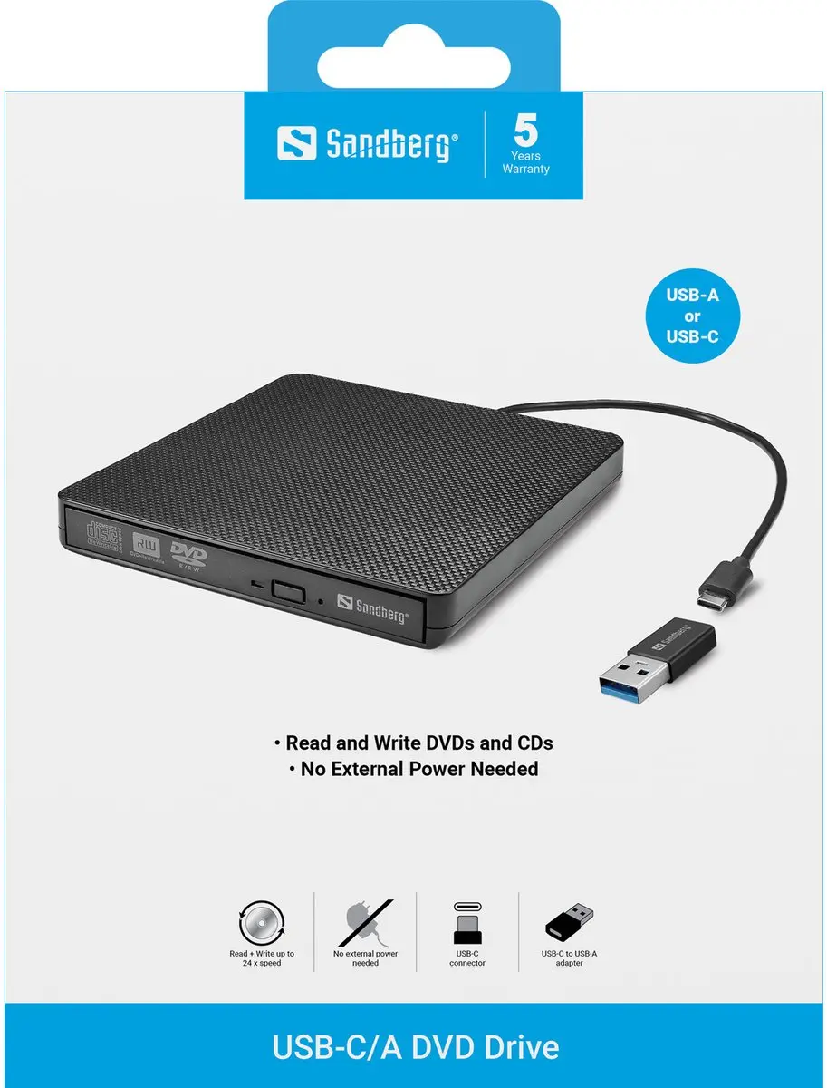Sandberg 136-62 USB-C/A DVD Drive - Zwart